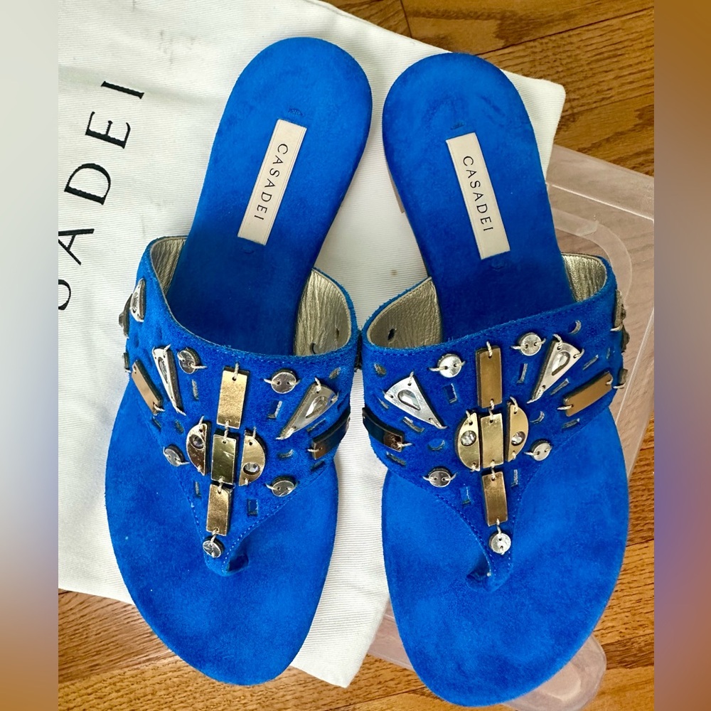 Casadei Royal Blue Embellished Flat Sandals 7.5 BRAND NEW